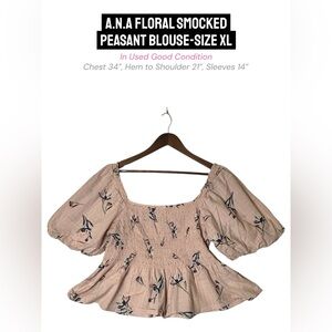 A.N.A Floral Peasant Blouse | Smocked Bodice | Puff Sleeve | XL